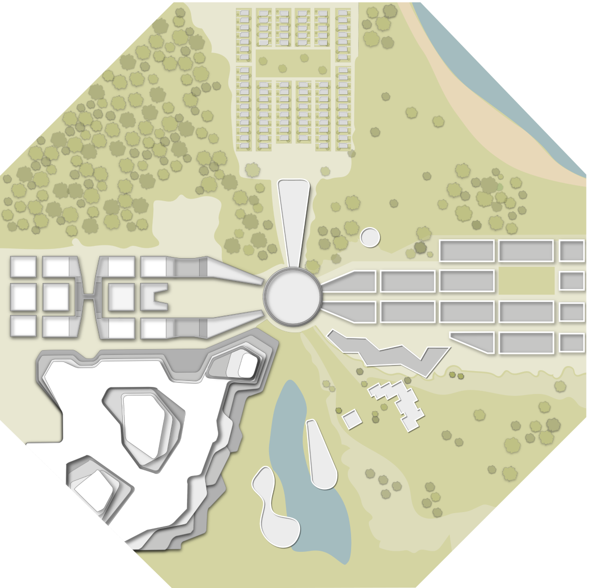 A site plan of the meta-utopian city with many different sections and areas
